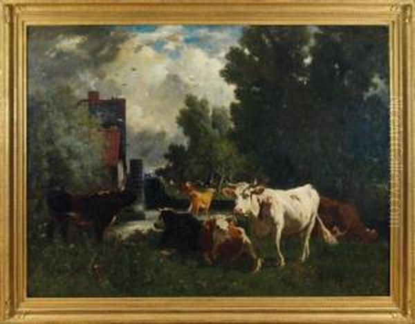 Troupeau Pres Du Moulin Oil Painting by Emile van Marcke de Lummen