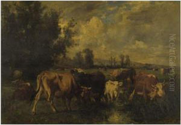 Cattle In A Field Oil Painting by Emile Van Marcke