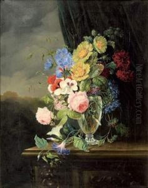 Un Bouquet De Fleurs Devant Un Paysage Oil Painting by Julie Palmyre Van Marcke-Robert