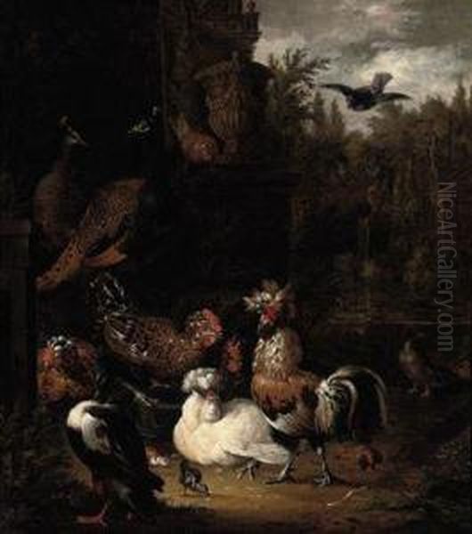 A Rooster With Hens, Chicks, Ducks, Peacocks And Pigeons By Aclassical Urn, In A Park Landscape Oil Painting by Pieter Van Mase