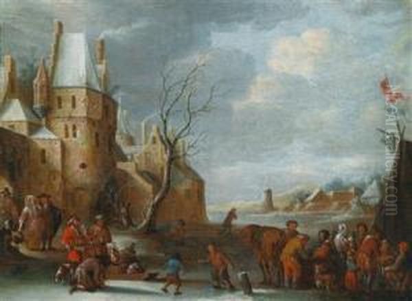 Eisvergnugen Vor Den Toren Eines Hollandischen Stadtchens Oil Painting by Pieter Van Mase