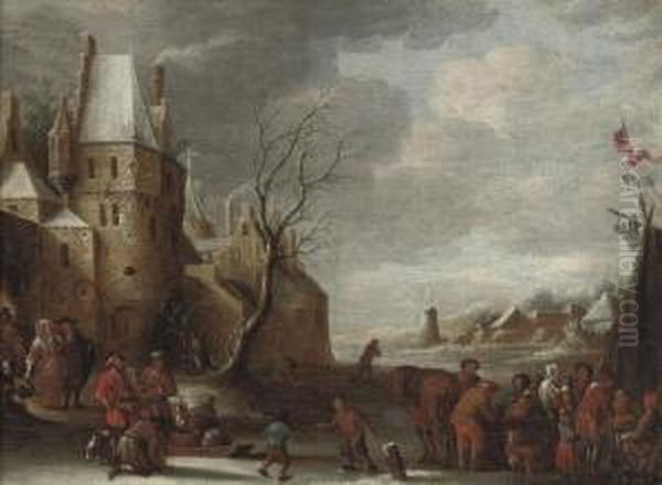 A Winter Landscape With Figures On The Ice Near A City Gate Oil Painting by Pieter Van Mase