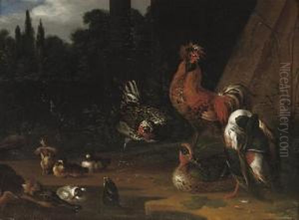 Roosters And Ducks Near A Pool In A Landscape Oil Painting by Pieter Van Mase