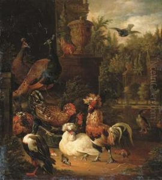 A Rooster With Hens Oil Painting by Pieter Van Mase