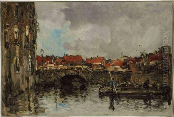 A Bridge On The Canal Oil Painting by Johann Hendrik Van Mastenbroek