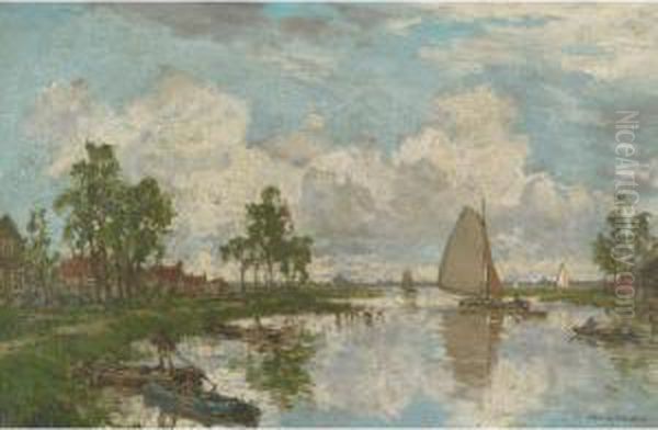 Canal Near Warmond Oil Painting by Johann Hendrik Van Mastenbroek