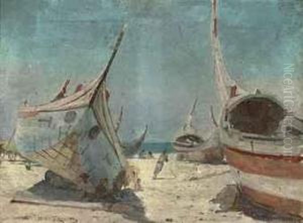 Fishermen Sheltering At Their Boats, Espinho, Portugal Oil Painting by Henri Van Melle