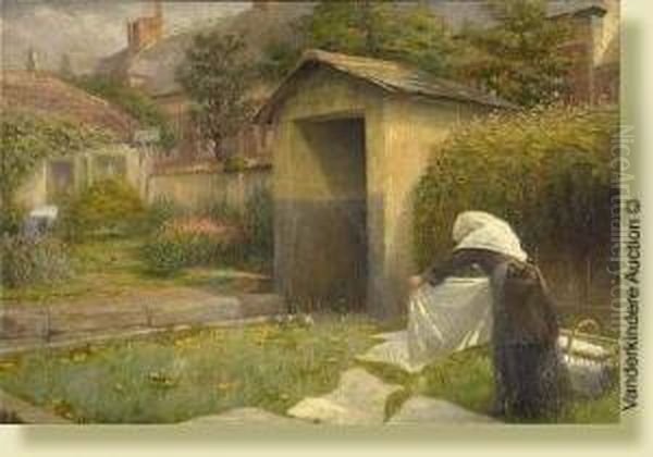 Beguine Etendant Le Linge Dans Les Jardins Du Beguinagede Gand Oil Painting by Henri Van Melle