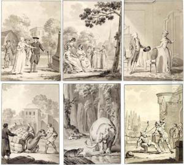 Six Designs For Book Illustrations: A) A Burial; B) Six Ladies In A Landscape; C) A Lady And Gentleman In An Interior; D) Traders Loading A Camel; E) Encounter Between An Elephant And A Beaver; F) A Duel Oil Painting by Jacobus Van Meurs