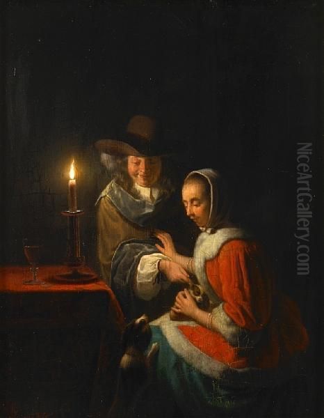 A Candlelit Interior With A Couple And Their Dogs Oil Painting by Frans van Mieris