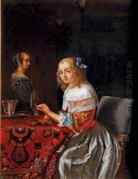 Jeune Femme Enfilant Des Perles Oil Painting by Frans Ii Van Mieris