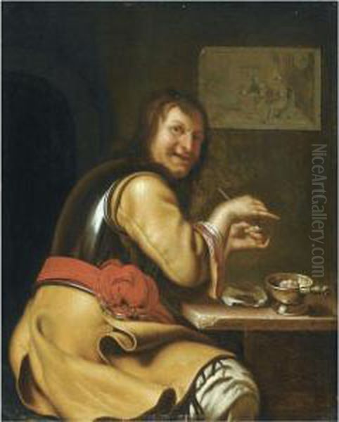 A Smoking Soldier Oil Painting by Frans Ii Van Mieris