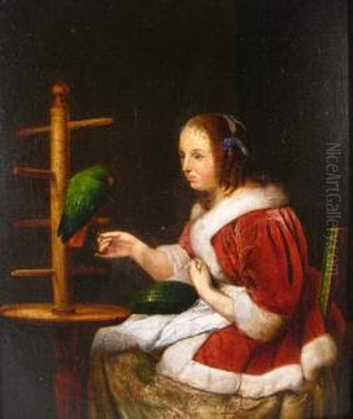 Woman In A Red Jacket With A Parrot Oil Painting by Frans Ii Van Mieris