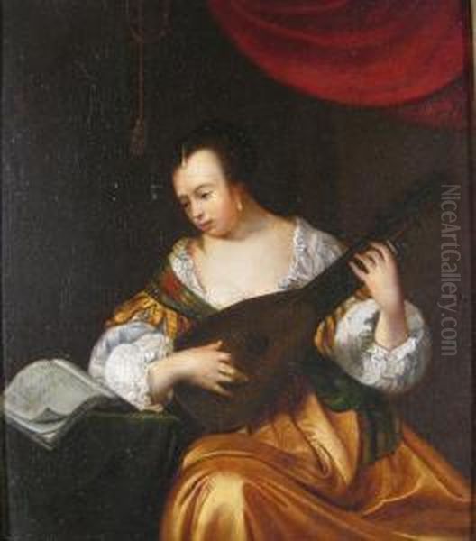 Woman Playing A Lute Oil Painting by Frans Ii Van Mieris