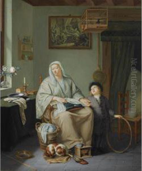 An Interior With A Woman Doing Needlework And A Young Boy With A Hoop Oil Painting by Frans Ii Van Mieris