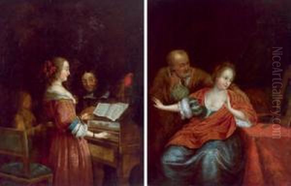 Seguace Del Settecento La Coppia Spaiata; La Lezione Di Musica; Quadri Pendant Oil Painting by Jan Van Mieris