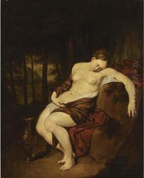 A Nude Woman Sleeping In A Forest, With A Silver Gilt Jug Beside Her Oil Painting by Jan Van Mieris