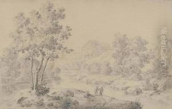 A Wooded Landscape With Two Travellers On A River Bank Oil Painting by Willem van Mieris