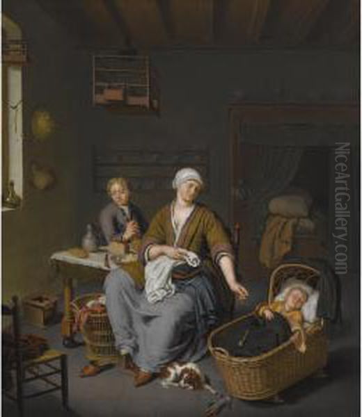 A Young Mother Tending To Her Two Children In A Domestic Interior Oil Painting by Willem van Mieris