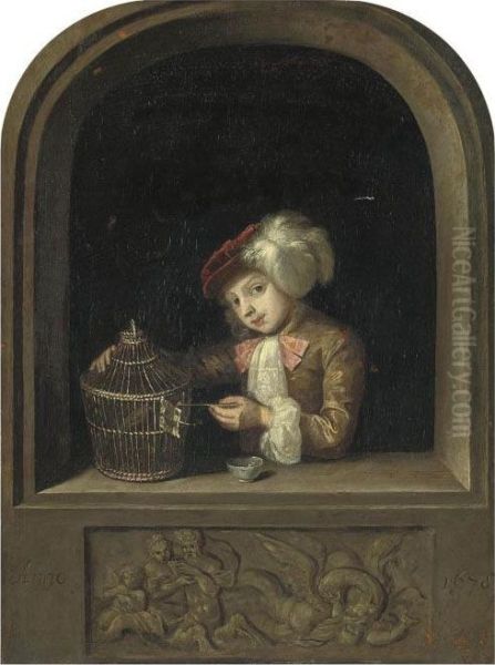 A Young Boy With A Birdcage At A Casement Oil Painting by Willem van Mieris