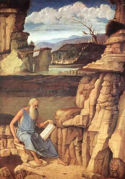 St Jerome Reading in the Countryside Oil Painting by Giovanni Bellini