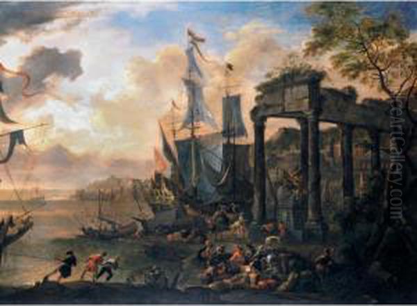 A Capriccio Of A Mediterranean Harbour With A Man-of-war At Anchor And Figures Seated Beside Architectural Ruins Oil Painting by Antoon Van Minderhout