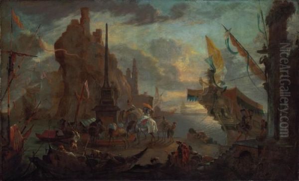 An Oriental Harbour With A Fortress Oil Painting by Hendrik van Minderhout