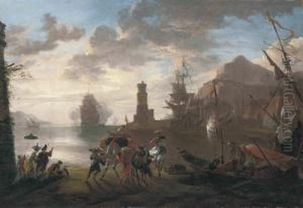 A Coastal Landscape With Sailors Disembarking From An Anchored Boatand Elegant Figures Conversing Oil Painting by Hendrik van Minderhout