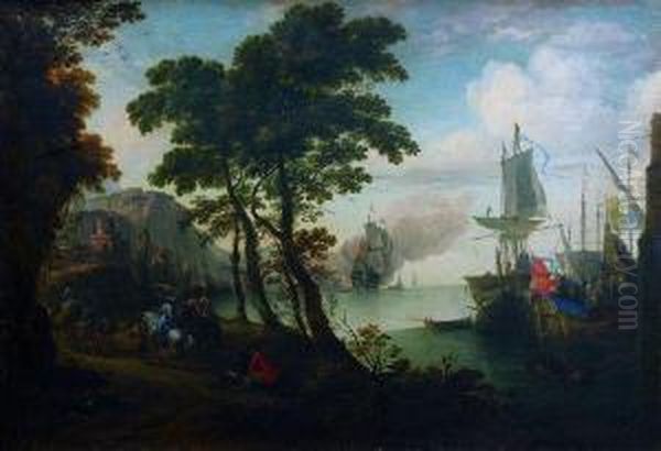 Rencontre De Cavaliers Devant Un Port Naturel Anime De Bateaux Oil Painting by Hendrik van Minderhout