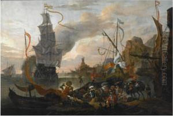 A Levantine Harbour With A Galley And A Man-of-war Coming In To Anchor, Together With Many Figures On Shore Oil Painting by Hendrik van Minderhout