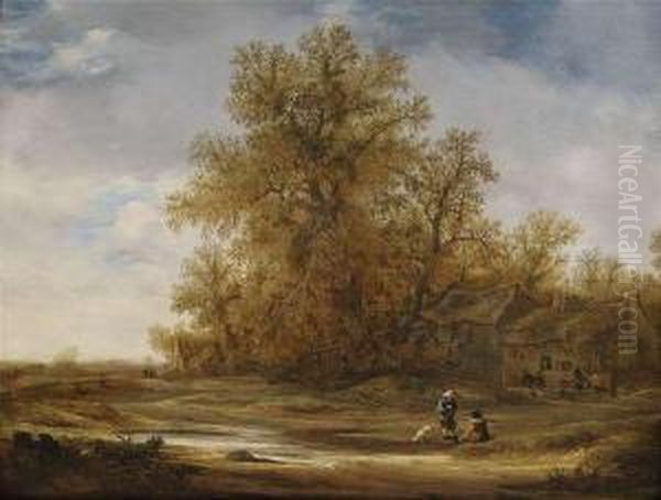 Extensive Landscape With Farmhouses And Staffage Figures Oil Painting by Jacob van Mosscher