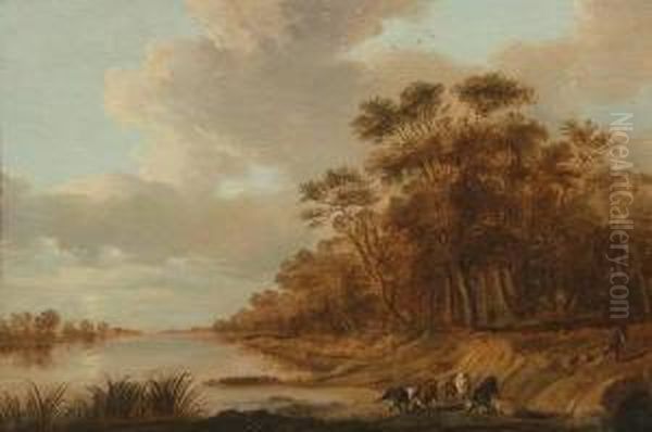 Cows And Goat Herder And Goats By The Riverside Oil Painting by Jacob van Mosscher