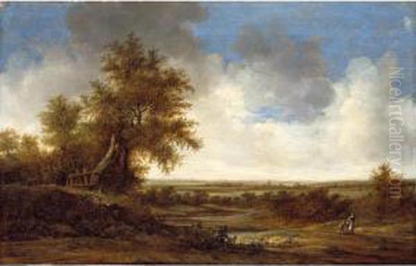 An Extensive Dune Landscape With A Mother, Her Child And Their Dog On A Country Road Oil Painting by Jacob van Mosscher