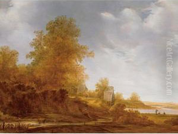 River Landscape With Figures Fishing In The Distance Oil Painting by Jacob van Mosscher