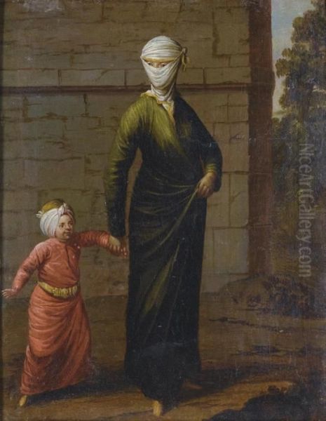 A Young Turkish Woman And Her Child Oil Painting by Jan-Baptiste Vanmour