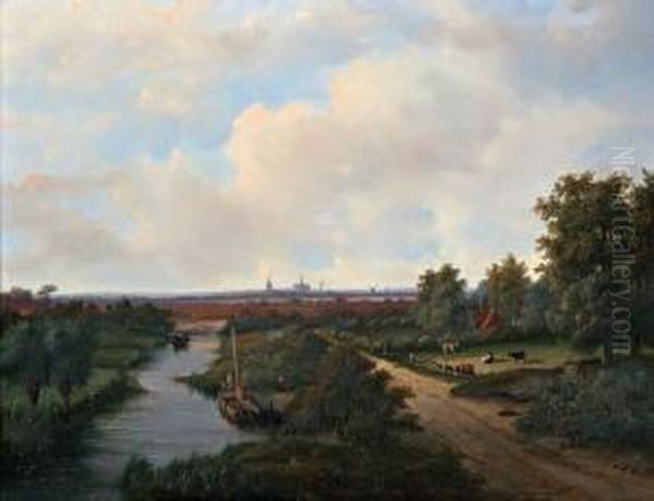 Weids Zomerlandschap Met Haarlem Aan De Horizon Oil Painting by Johannes Josephus Van Mulken