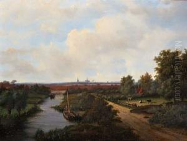 Weids Zomerlandschap Met Haarlem Aan Dehorizon Oil Painting by Johannes Josephus Van Mulken