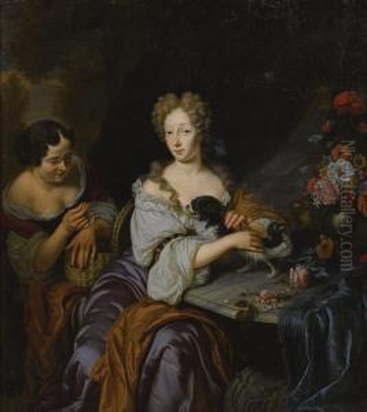 Portrait Of A Lady With Her Dog And A Maid Oil Painting by Michiel van Musscher