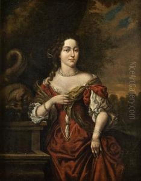 Portrait Of A Lady Standing By A Fountain Oil Painting by Michiel van Musscher