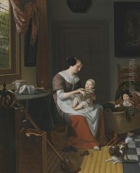 An Interior Scene With Eva Visscher, The Artist'swife, With A Child In Her Lap And Another Child In Acot, Beside Them A Dog Oil Painting by Michiel van Musscher