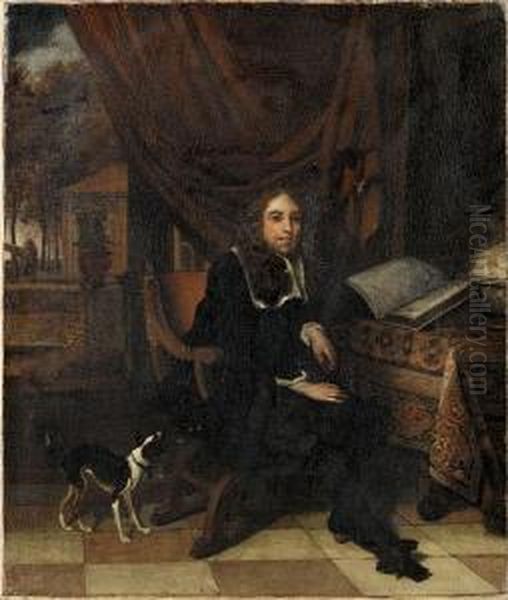 Portrait Of A Gentleman, Full-length, Seatedin His Study With His Dog, A View To A Garden Beyond Oil Painting by Michiel van Musscher