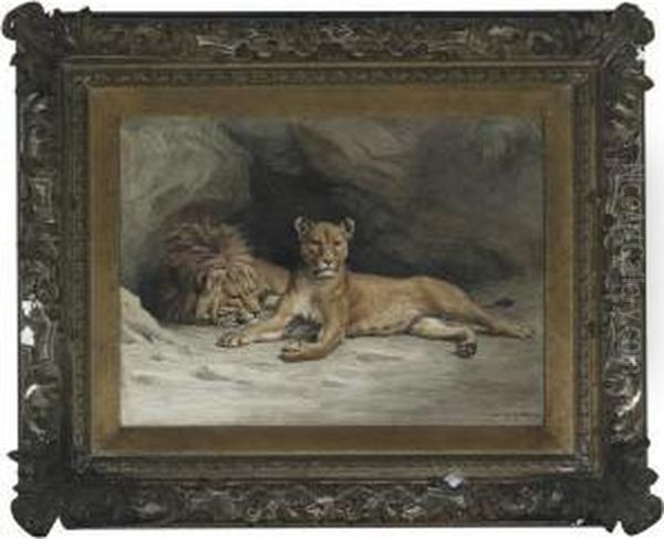 Lions Resting Outside The Den Oil Painting by Ewert Louis Van Muyden