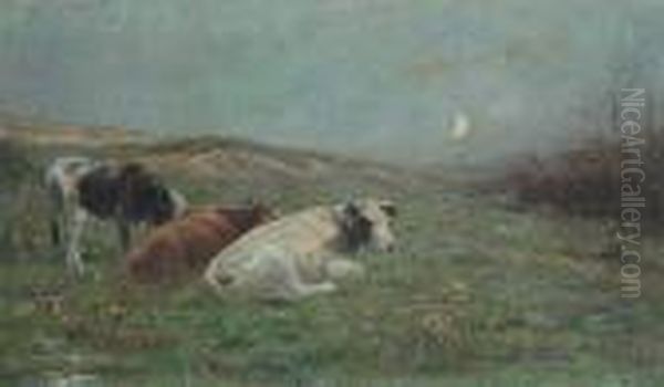 Lying Cows In Moonlight Oil Painting by Henri Van Muyden