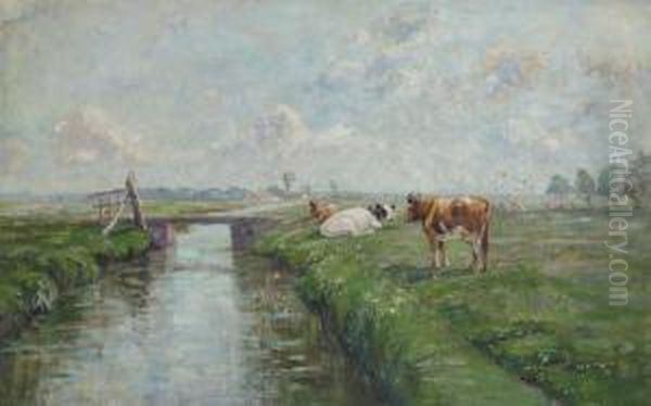 Meadow With Cows With Windmill In The Background Oil Painting by Henri Van Muyden