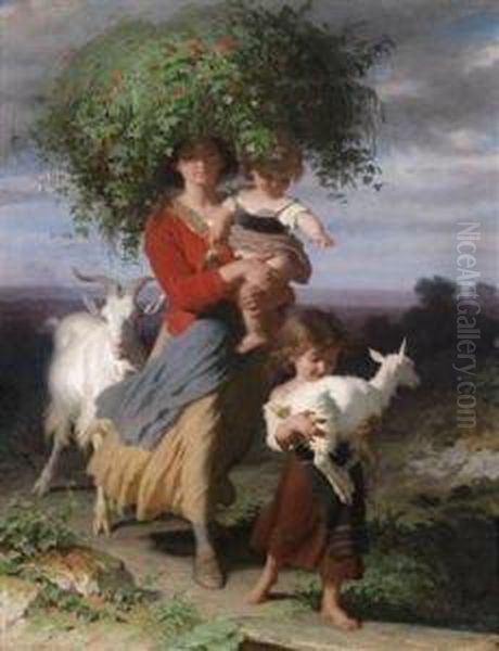 Mother Returning Home With Children Oil Painting by Jacques Alfred Van Muyden