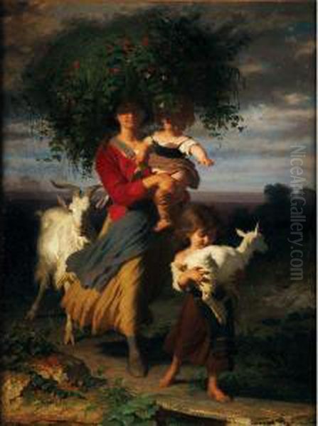 A Mother And Her Children Return From The Fields Oil Painting by Jacques Alfred Van Muyden