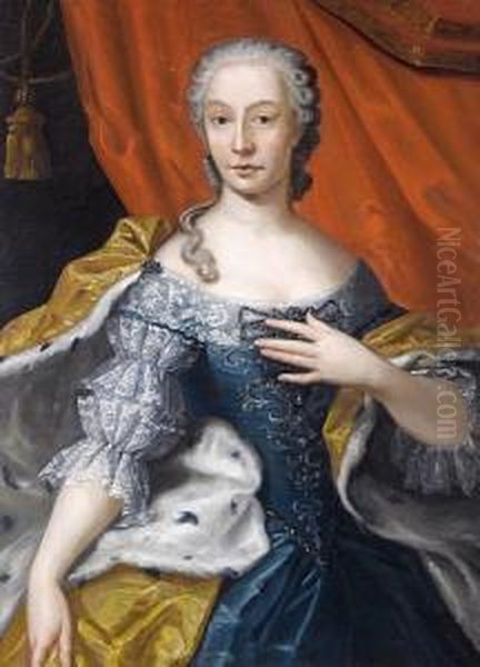 Portrait Of A Lady, Three-quarter-length, Inan Embroidered Blue Silk Dress And An Ermine Mantel, Standingbefore A Red Curtain Oil Painting by Martin II Mytens or Meytens