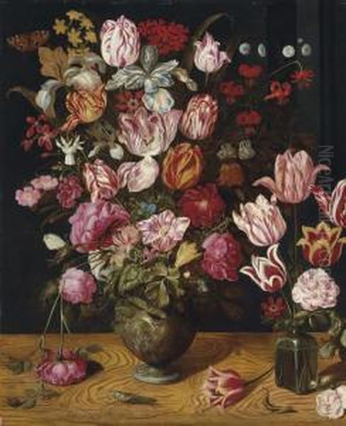 Tulips, Roses, Turk's Cap Lilies, Columbines, Carnations And Other Flowers In A Ceramic Vase Oil Painting by Adriaen van Nieulandt