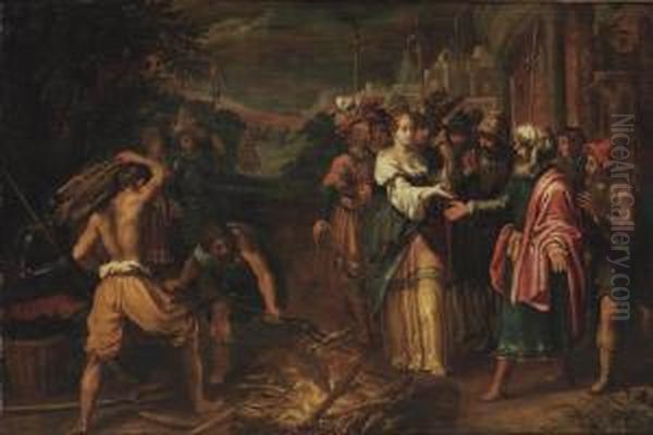 Judah And Tamar Oil Painting by Adriaen van Nieulandt