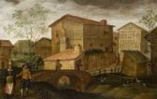 Vue D'un Village Anime Avec Un Pont Oil Painting by Adriaen van Nieulandt